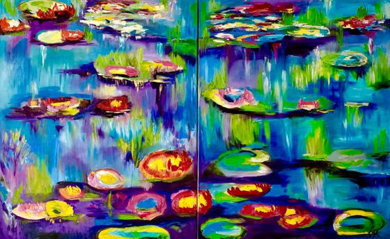 Water Lilies 160 x 100 inspired by Claude Monet multi panelled oil painting