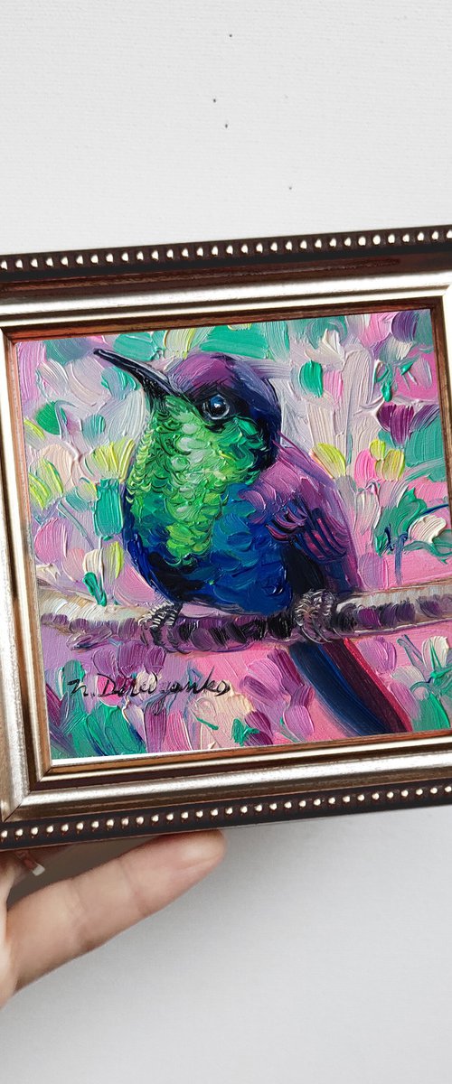 Hummingbird oil painting original 4x4, Bird oil painting cute gift for women, Animal art wildlife by Nataly Derevyanko