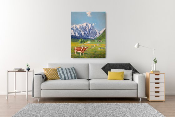 Funny Cow in Switzerland mountains landscape Painting