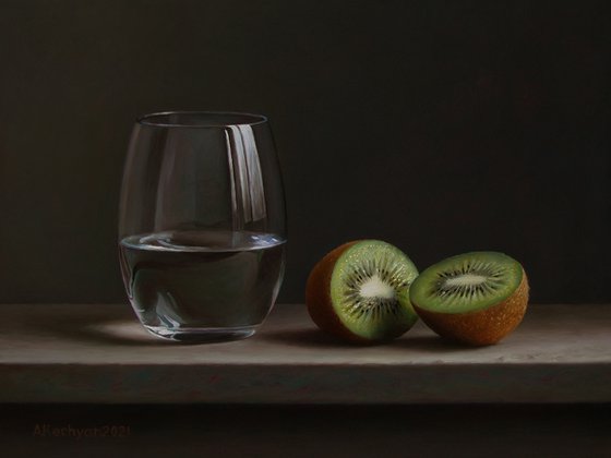 Kiwi with a glass