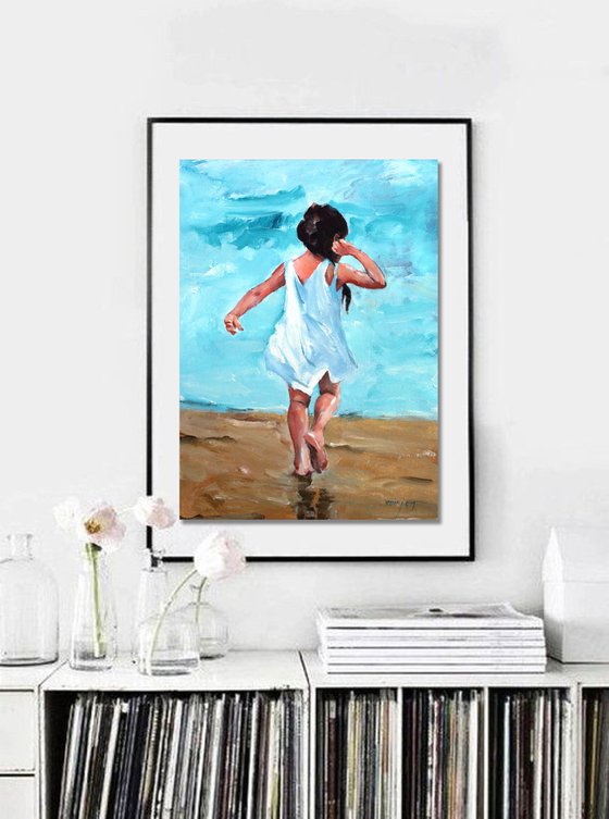 "ON THE BEACH 02 ... " ORIGINAL PAINTING PALETTE KNIFE, GIFT,GIRLS, OIL ON CANVAS