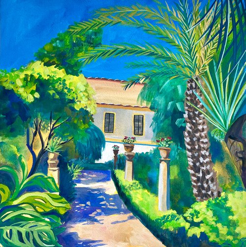 Garden Original Gouache Painting, Plants Illustration, Europe Wall Art, Spain Artwork, Travel Gift, Green Home Decor by Kate Grishakova