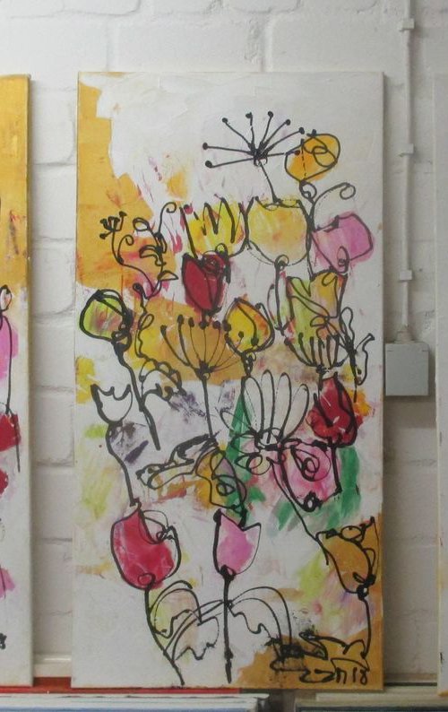 3 part spring abstract flowers and people acrylpainting 39,7 x 59,0 inch by Sonja Zeltner-Müller