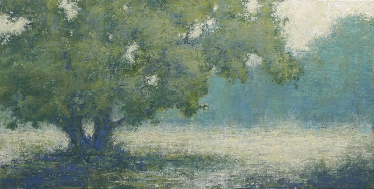 Expressive Landscape Oil Painting By John Fleck, 16 X 8, Tree In Field, Harms Woods, Original Artwork