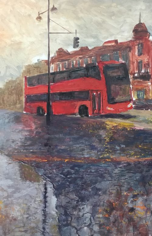 Red bus in the rainy day 60x90cm Contemporary Art by Leo Khomich