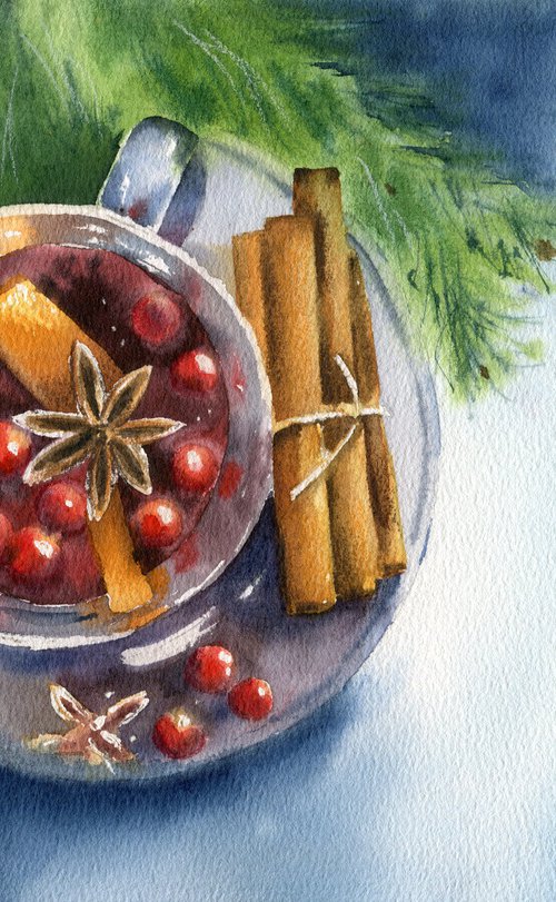 Fragrant mulled wine. Christmas still life. Original watercolor artwork. by Evgeniya Mokeeva