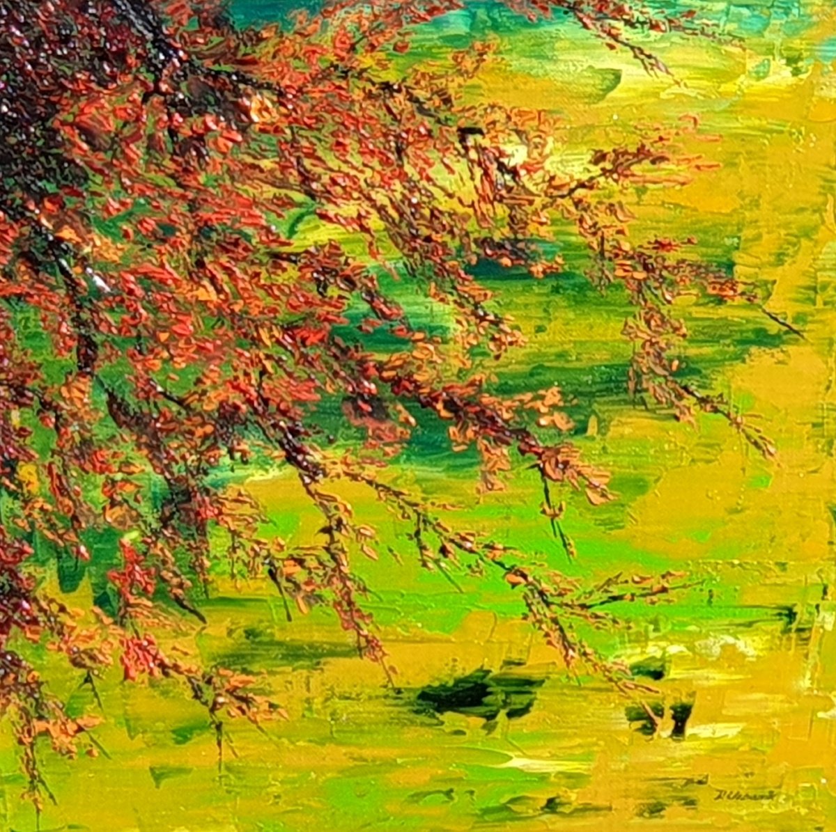 Abstract Landscape Oil Painting By Daniel Urbani?k, 12 X 12, Blooming Abstract, Original Artwork