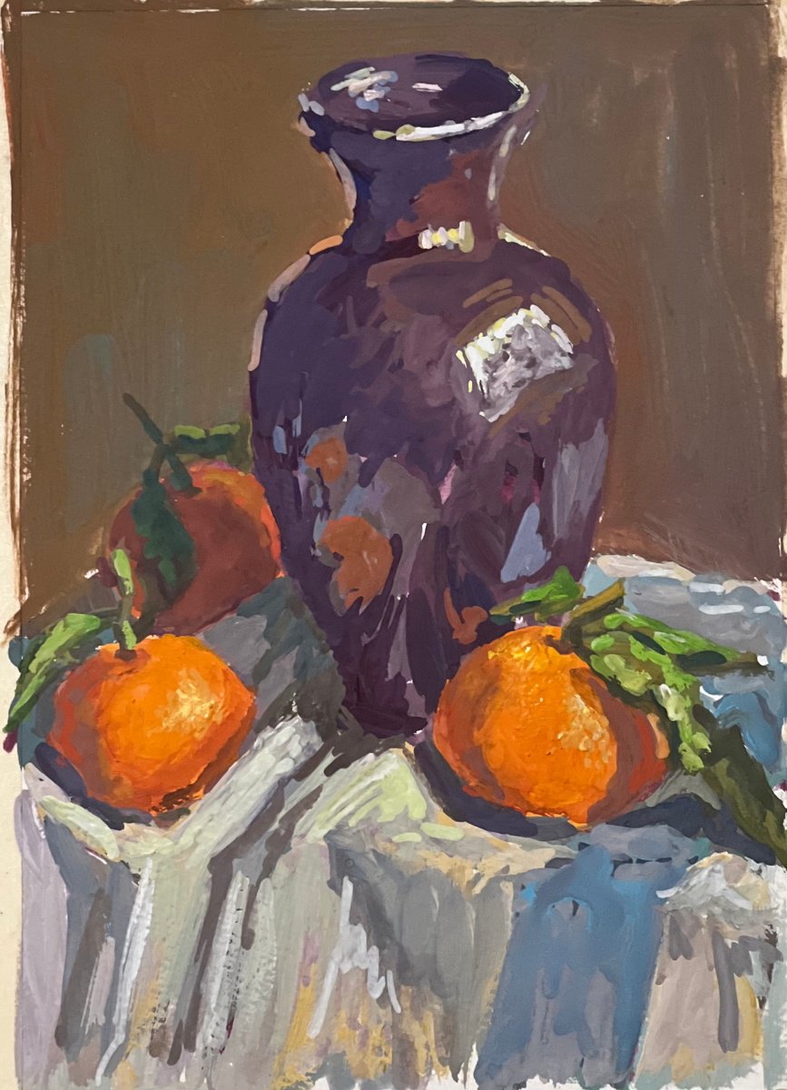 Impressionistic Still Life Painting By Nithya Swaminathan, 9 X 13", Oranges With A Purple Vase, Original Artwork