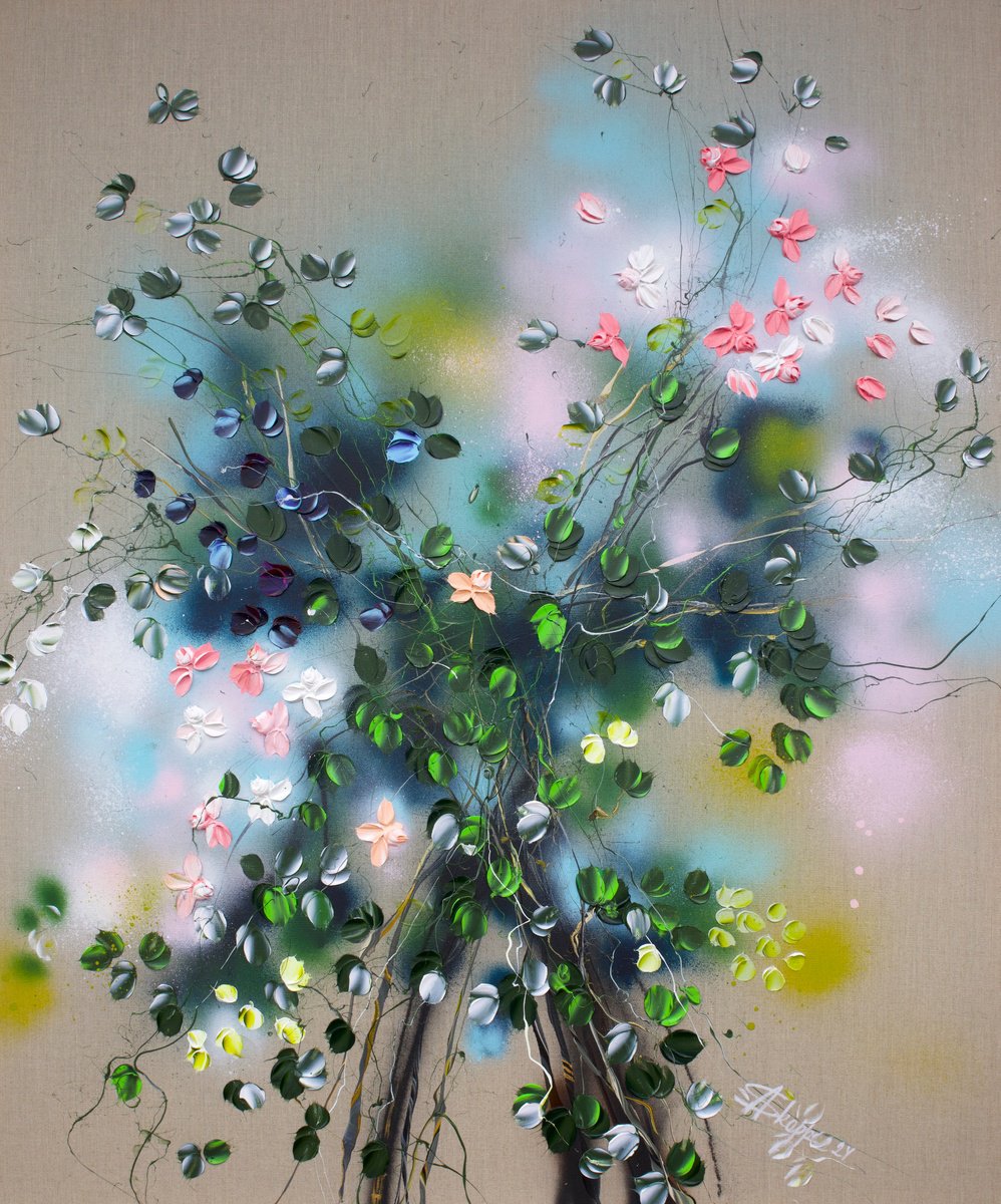 Expressive Botanical Acrylic Painting By Anastassia Skopp, 39 X 47, Two Peach Roses, Original Artwork