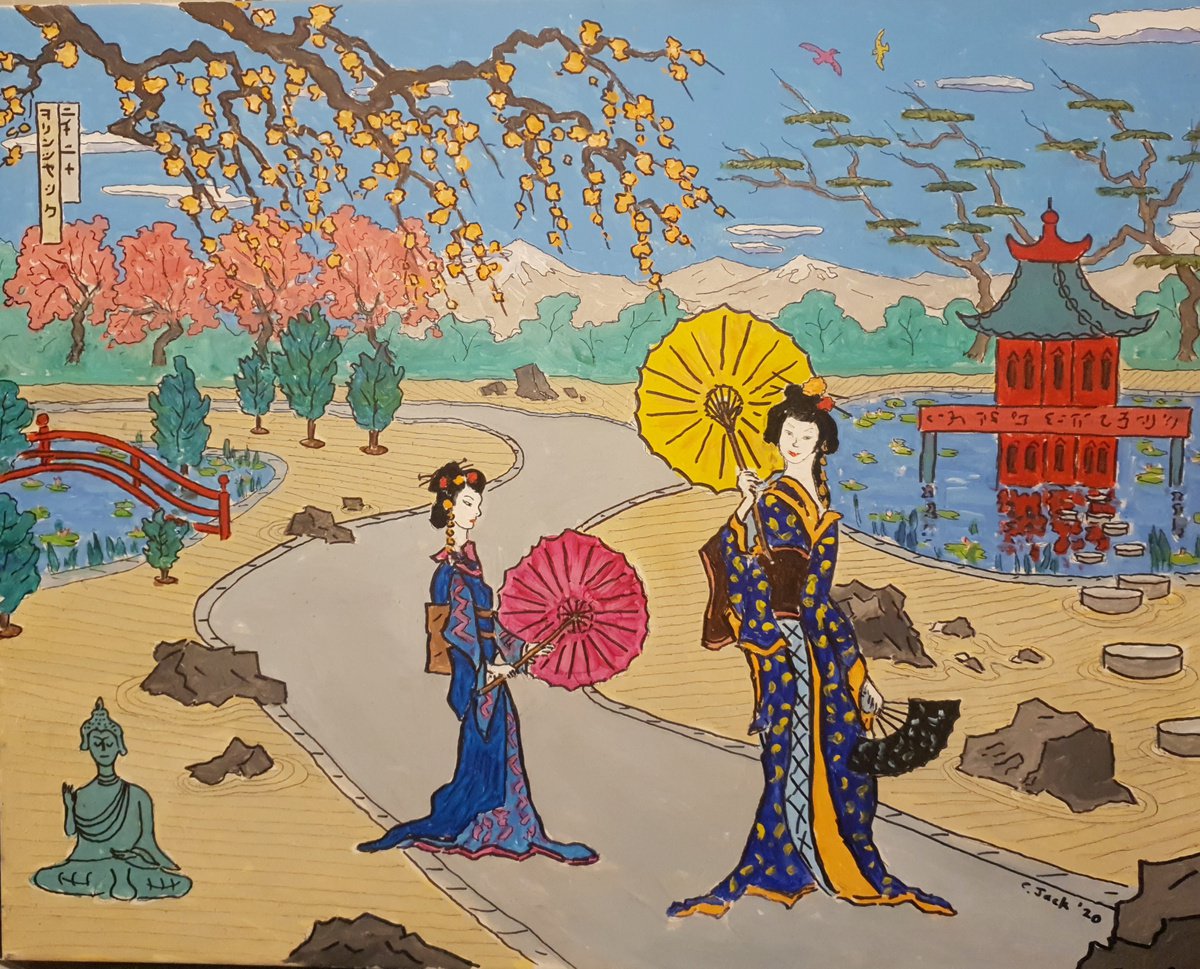 Landscape Acrylic Painting By Colin Ross Jack, 30 X 24, Gieshas In Zen Garden, Original Artwork