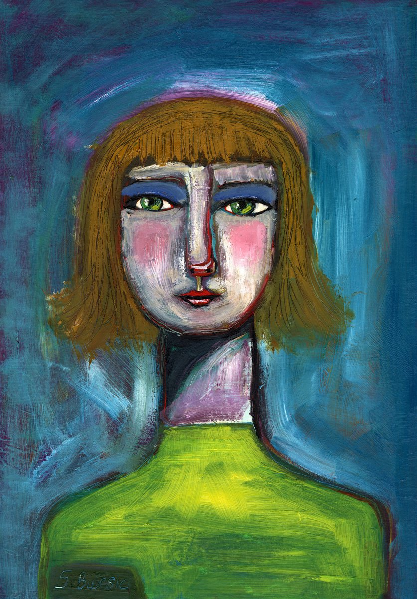 Portrait Oil Face Betty on a Date Humour Funny Quirky woman lady by Sharyn Bursic