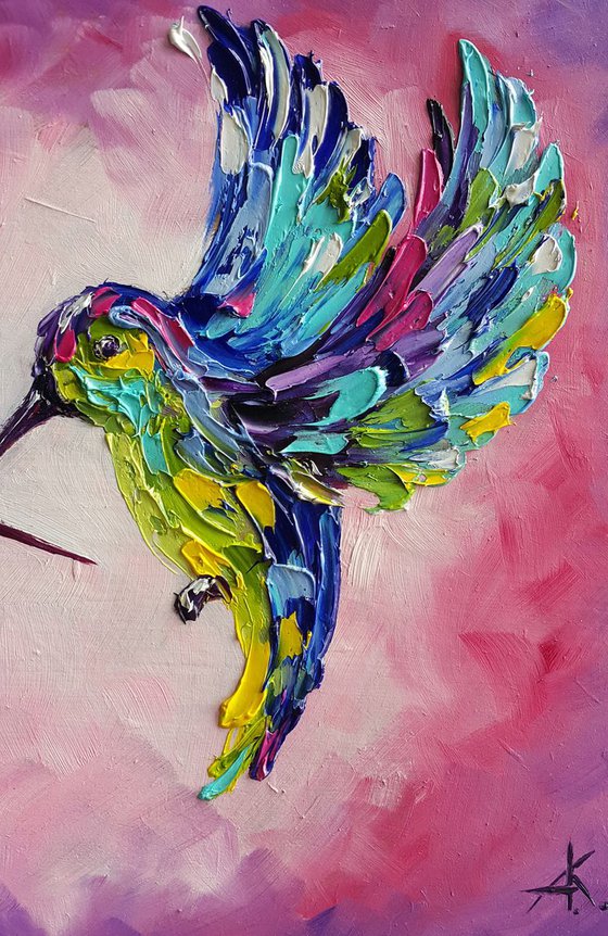 Pink dreams - birds oil painting, hummingbirds, birds, oil painting, love oil painting