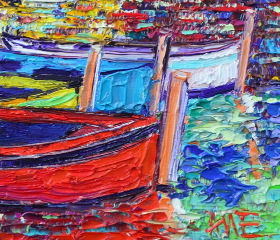 VERNAZZA COLORFUL BOATS CINQUE TERRE ITALY modern impressionism impasto textural palette knife oil painting stylized cityscape by Ana Maria Edulescu