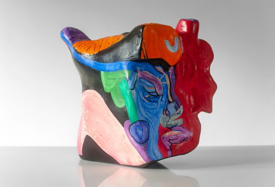 Annoyance emotional face colourful head sculpture figurative portrait series 1st artwork