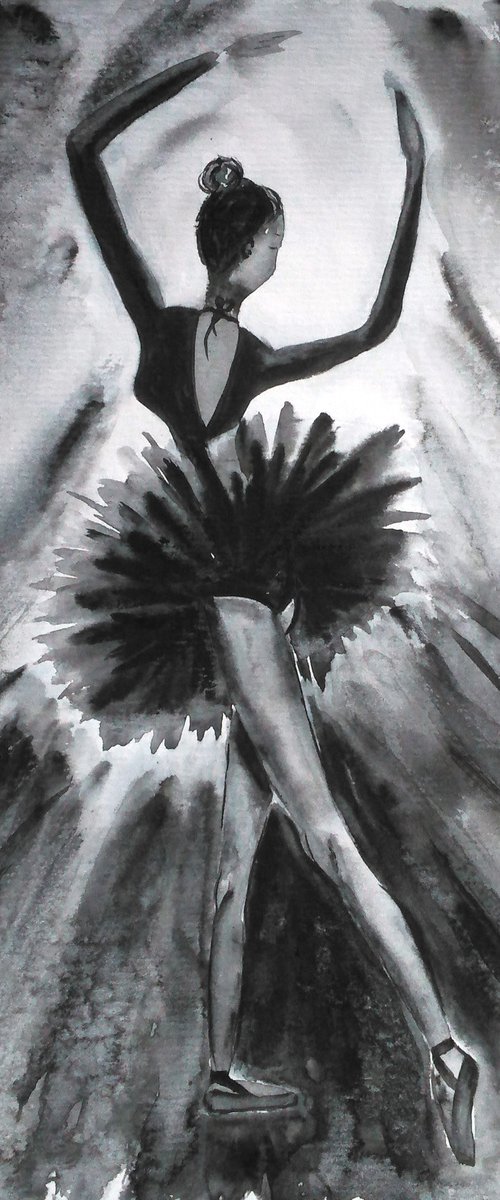 Ballet original black and white watercolor painting by Halyna Kirichenko