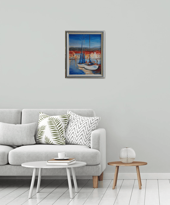 By the Pier, oil painting, original gift, home decor, Bedroom, Living Room, Red, Blue, Italy, Travel, Romance, Yachts, Breeze, Regatta