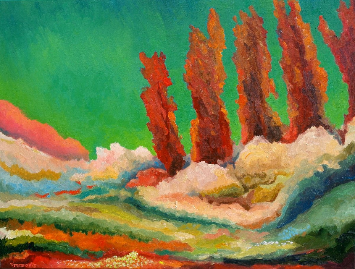 Expressive Abstract Oil Painting By Juri Semjonov, 31 X 24", Fairy Forest 4, Original Artwork