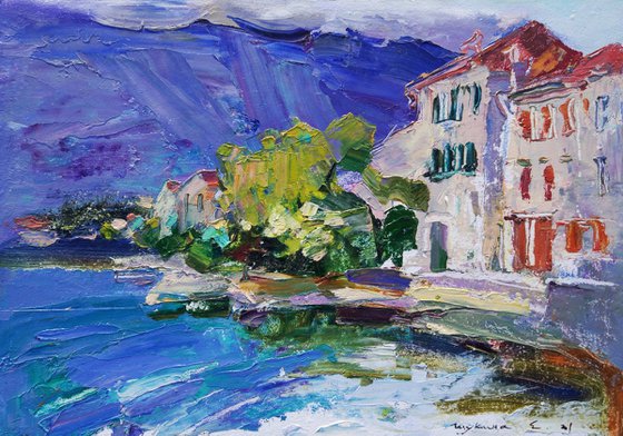 Walk through the streets of Montenegro. City Stoliv . Original plein air oil painting .