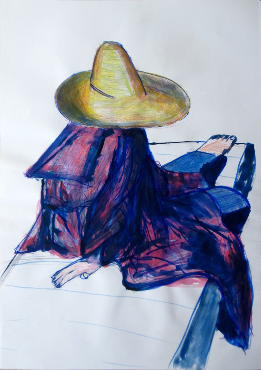 Expressive Portrait Ink Drawing By Aleksandar Basic, 17 X 23, Straw Hat With Indigo Blue Dress, Original Artwork