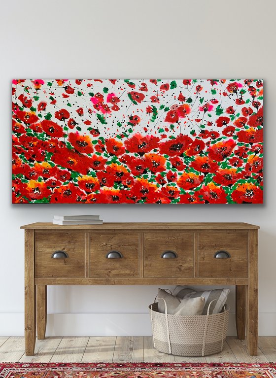 71''x 35''(180 x 90 cm), Garden of Joy 28, art, red green flowers, peony, roses, poppy  original acrylic canvas art, ready to hang