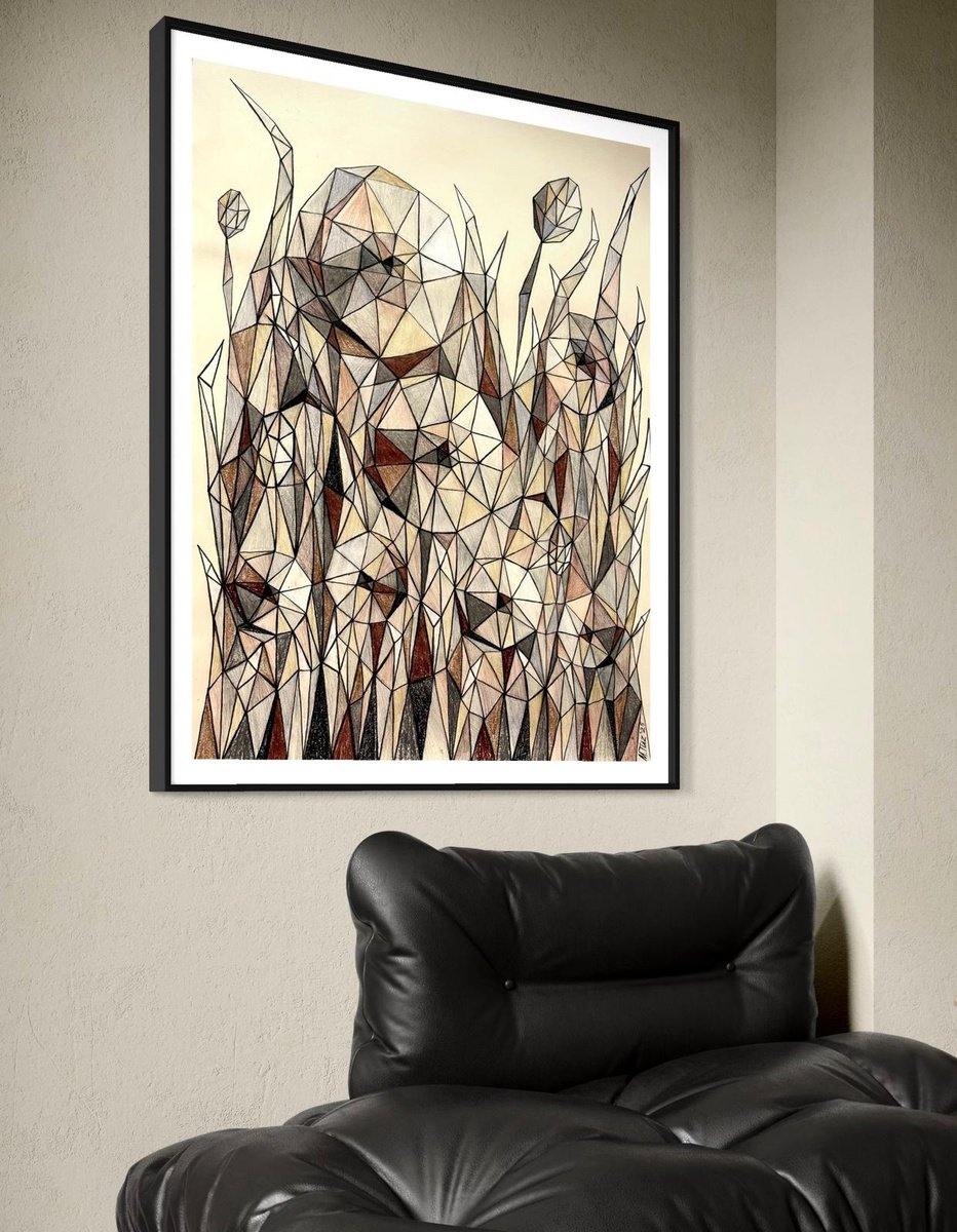 Geometric Landscape Pastel Drawing By Maria Tuzhilkina, 19 X 27", Dance Of Beige Flowers, Original Artwork