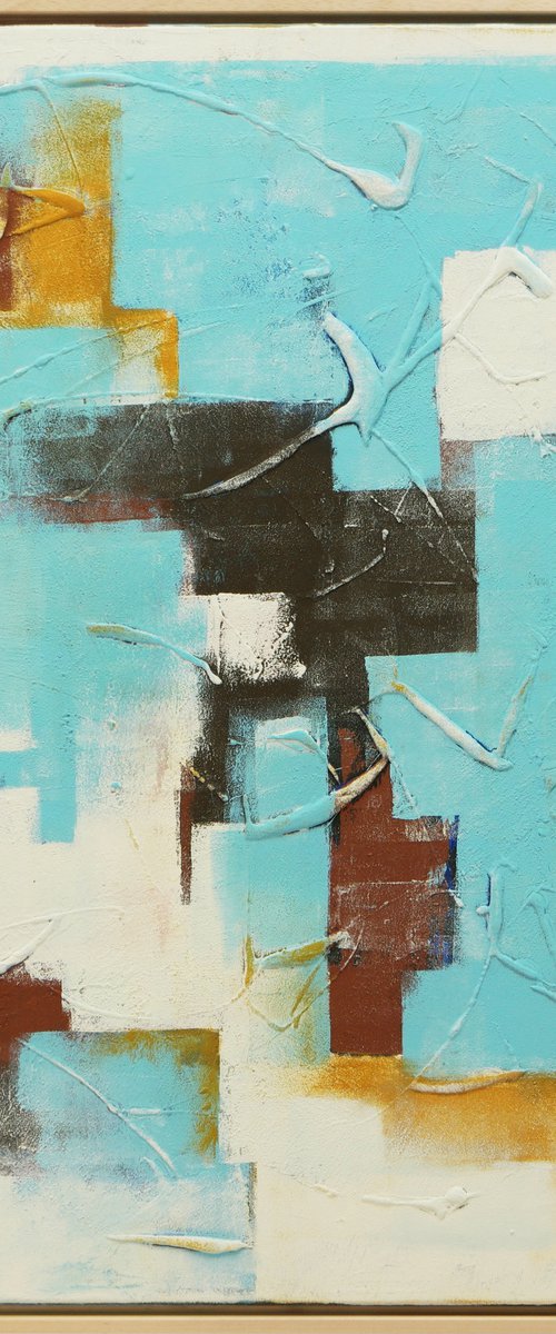 Abstract Painting - White and Turquoise Art - With frame 28J by Ronald Hunter