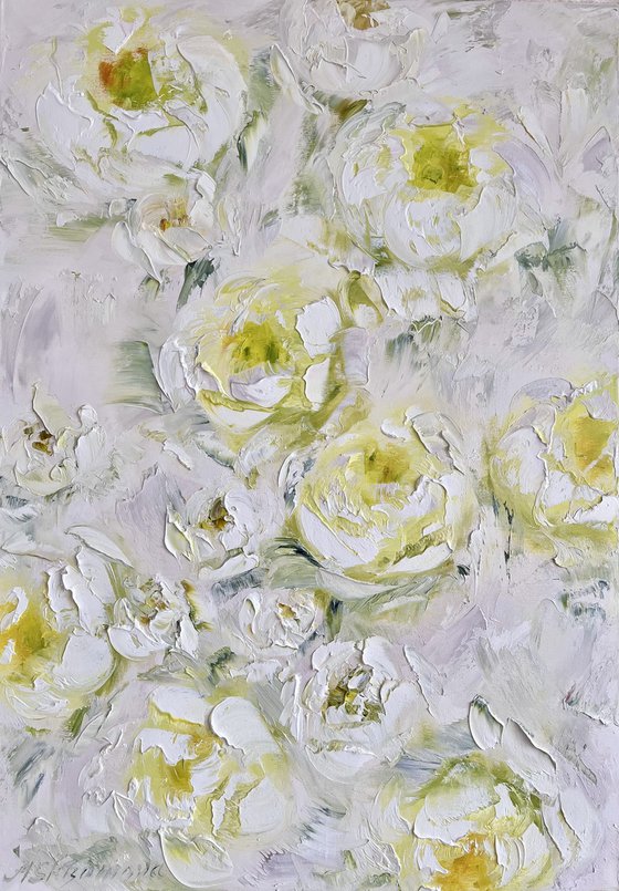 Yellow texture peony painting. White peonies art.