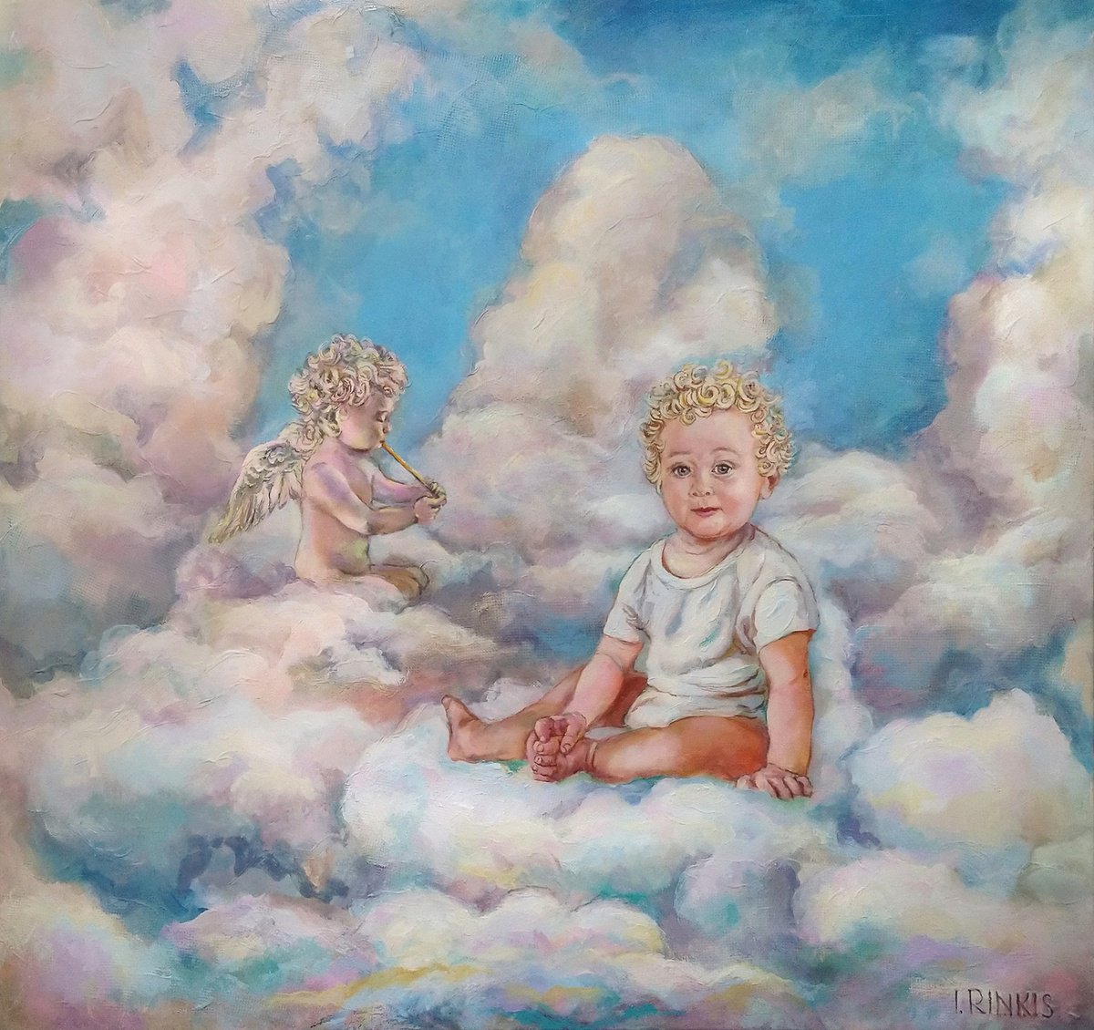 Impressionistic Portrait Oil Painting By Ilgonis Rinkis, 39 X 35, Flying In The Clouds, Original Artwork
