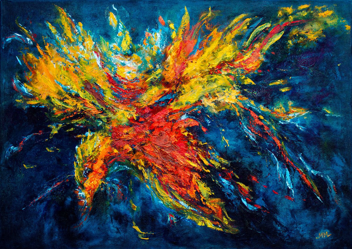 Expressive Abstract Oil Painting By Mila Moroko, 28 X 20", Fire Phoenix Bird, Original Artwork