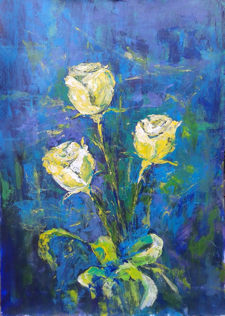 Roses P.S. I LOVE YOU, 50 x 70 cm, flowers bouquet yellow blue birthday by Emilia Milcheva