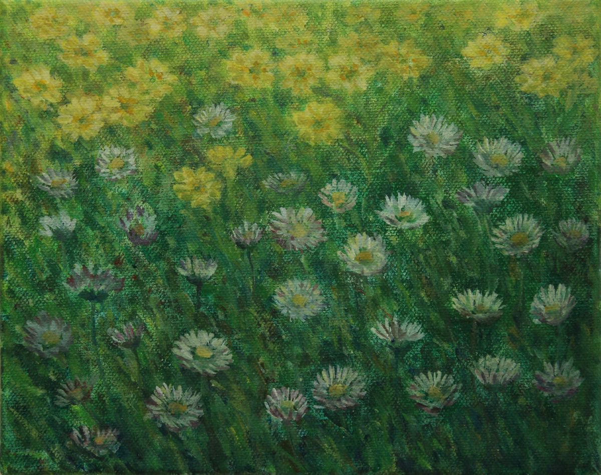 Primroses and Daisies in the Grass, 2019, acrylic on canvas, 20 x 25 cm by Alenka Koderman