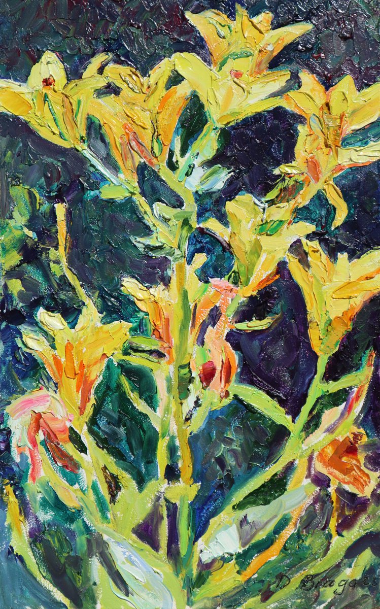 Expressive Botanical Oil Painting By Dima Braga, 10 X 16, Yellow Lilies, Sultry Day, Original Artwork