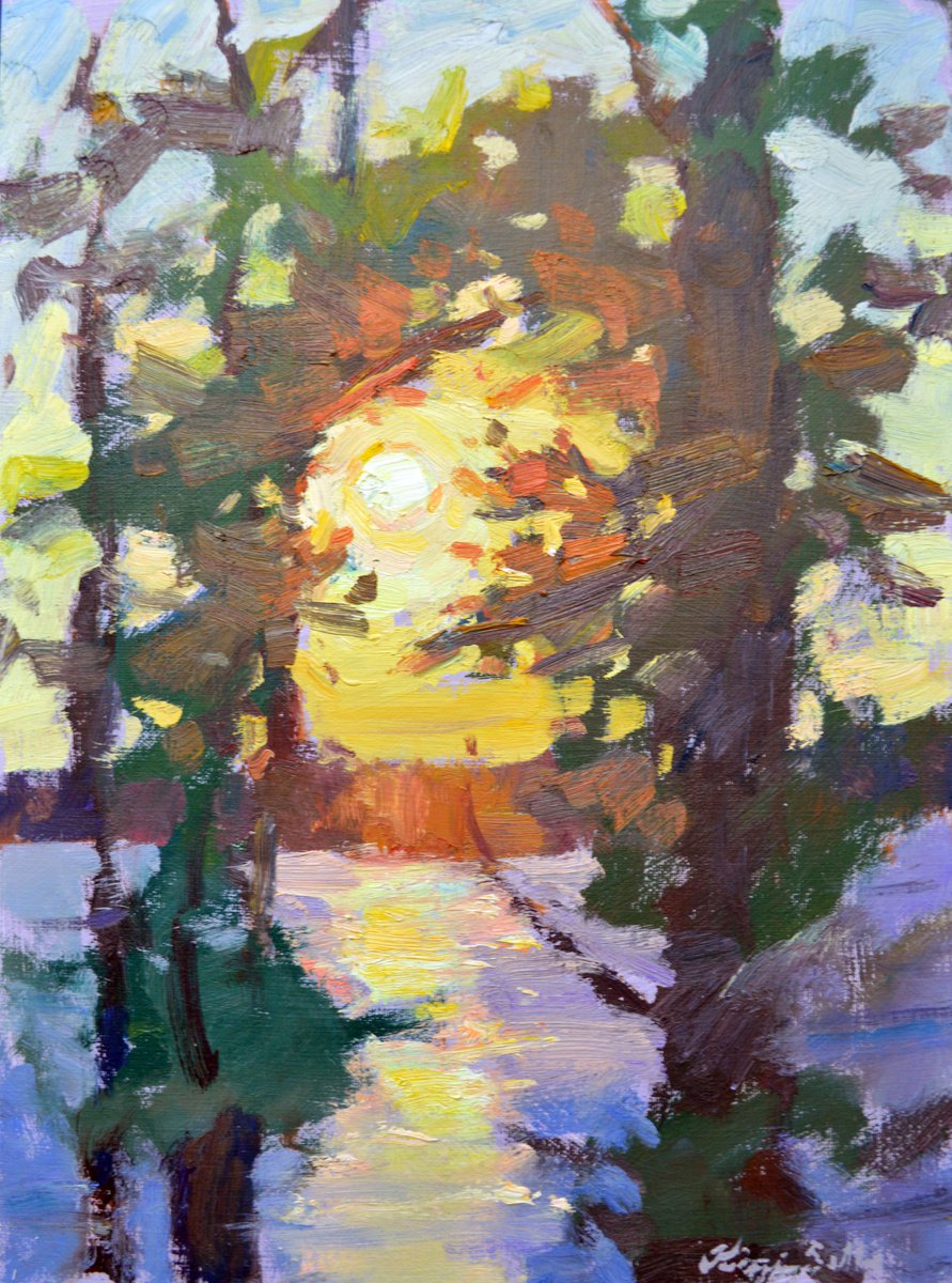Impressionistic Landscape Oil Painting By Kristina Sellers, 9 X 12", Sunset At The Turnout, Original Artwork