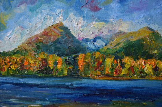 Oil original painting Autumn mountains in Slovakia