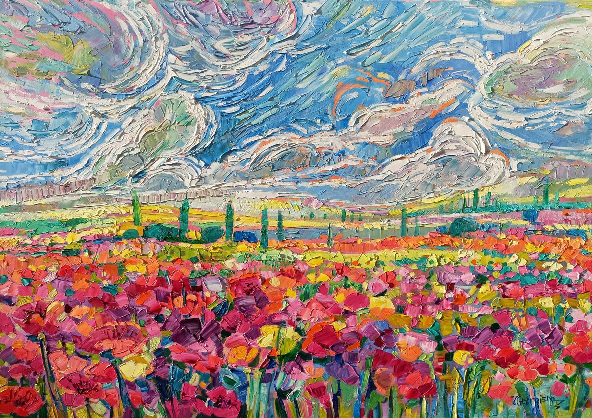 Impressionistic Landscape Oil Painting By Vanya Georgieva, 39 X 28", Fields Of Magic Poppoies, Original Artwork