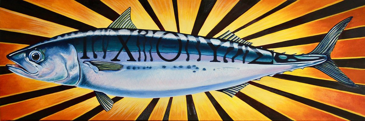 Animal Oil Painting By Ryan Rice, 36 X 12", Holy Mackerel, Original Artwork