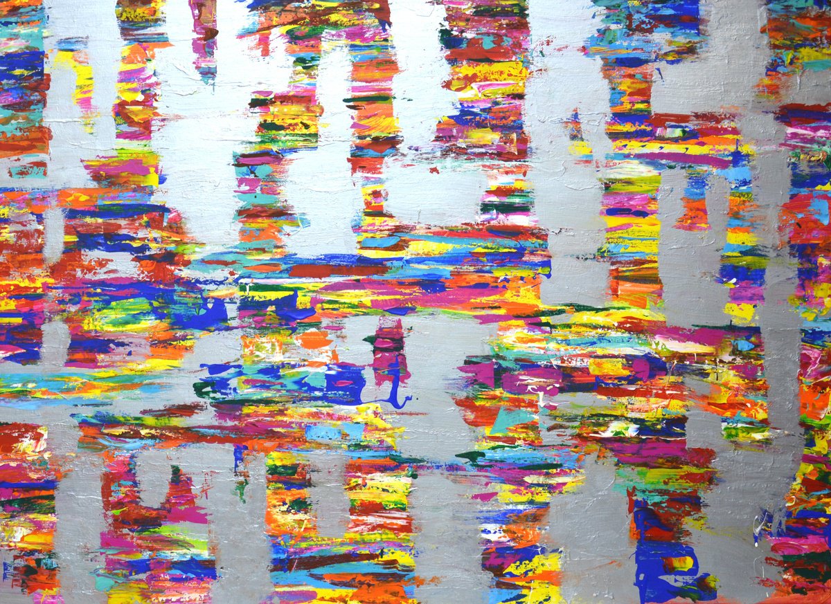 Abstract Acrylic Painting By Iryna Kastsova, 55 X 39, Expression With Silver 13, Original Artwork