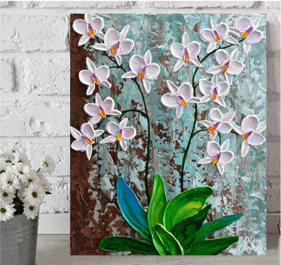 White Orchid - Impasto Floral Painting, Palette Knife Art