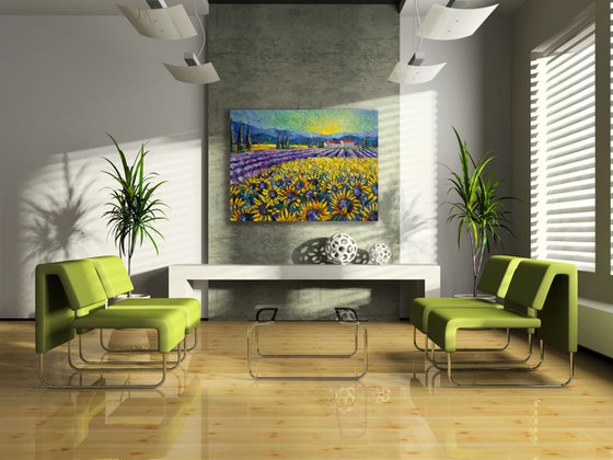 Sunflowers And Lavender Field - The Colors Of Provence Modern Impressionist Palette Knife Oil Painting