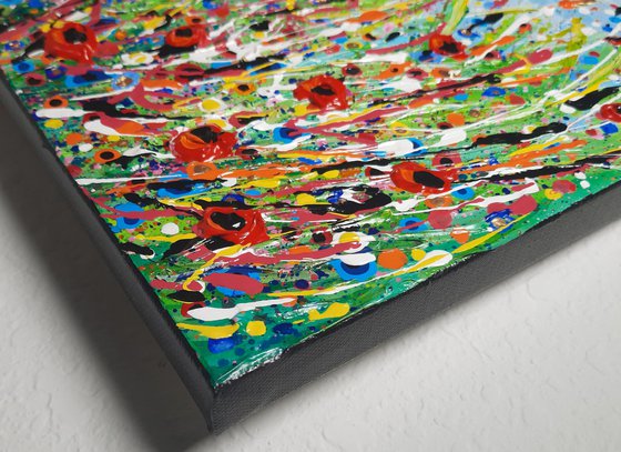 Poppy Meadow II - Wildflower field Painting, Textured Wall Art