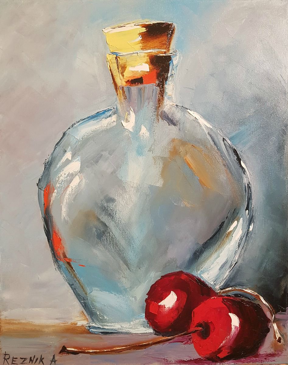 A bottle and cherries 40*50cm by Anna Reznik