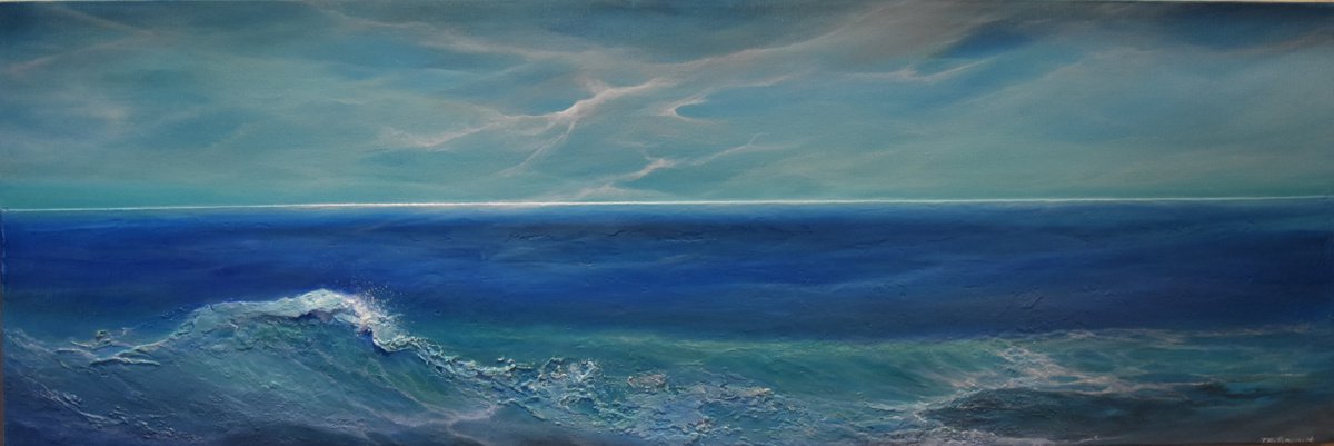Impressionistic Landscape Painting By Tamara Bettencourt, 36 X 12", Blue Crush Seascape, Original Artwork