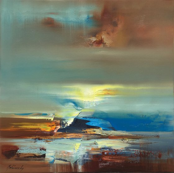 Journey through the past - 50 x 50cm, abstract landscape oil painting in brown and blue