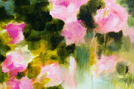 Flowers pink roses in a garden - impressionistic semi abstract floral painting Monet inspired