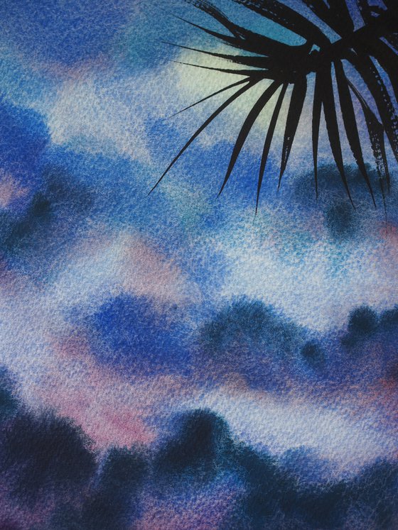 Tropical sunset - original watercolor, sky and palm leaves