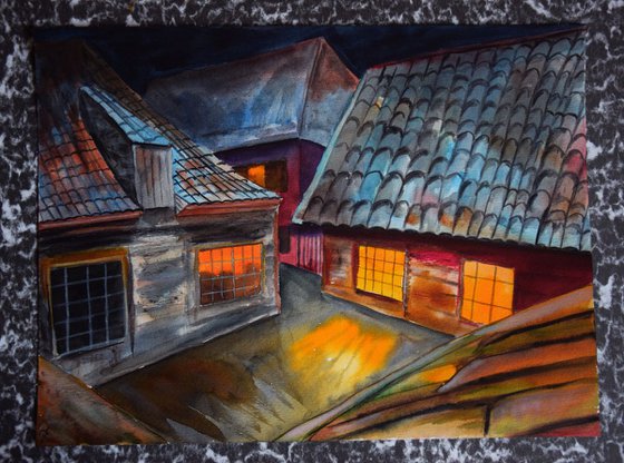 Norwegian watercolor painting Bryggen wooden houses in Bergen, Norway