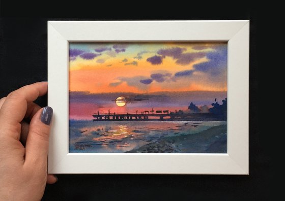 Sunset at the sea. Evening landscape, miniature.