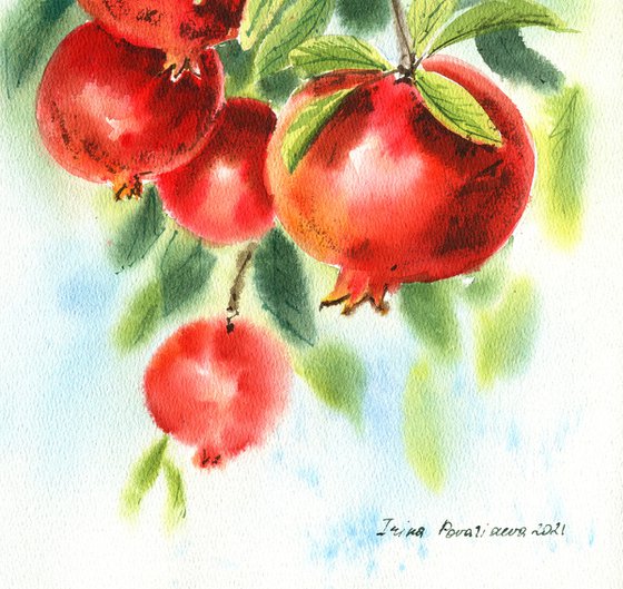 Pomegranate original watercolor painting, red fruits green leaves decor for dinner room, bedroom decor, gift for her