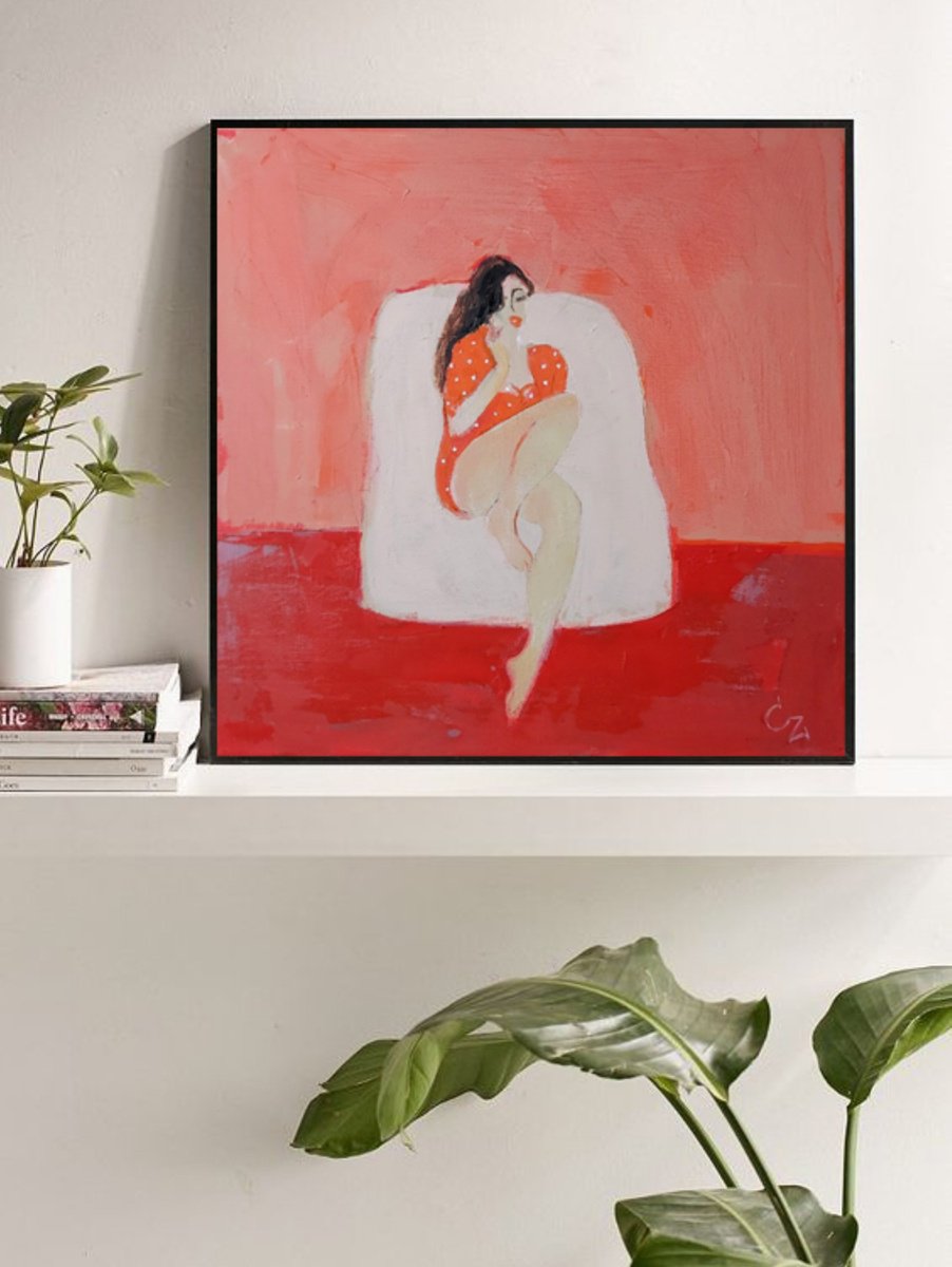 Impressionistic Portrait Oil Painting By Victoria Cozmolici, 16 X 16", In Red, Original Artwork