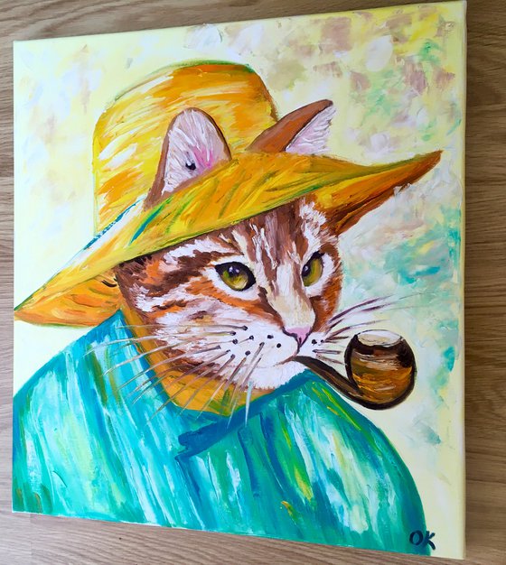 Creative Cat La Vincent Van Gogh with a pipe  oil painting for cat lovers